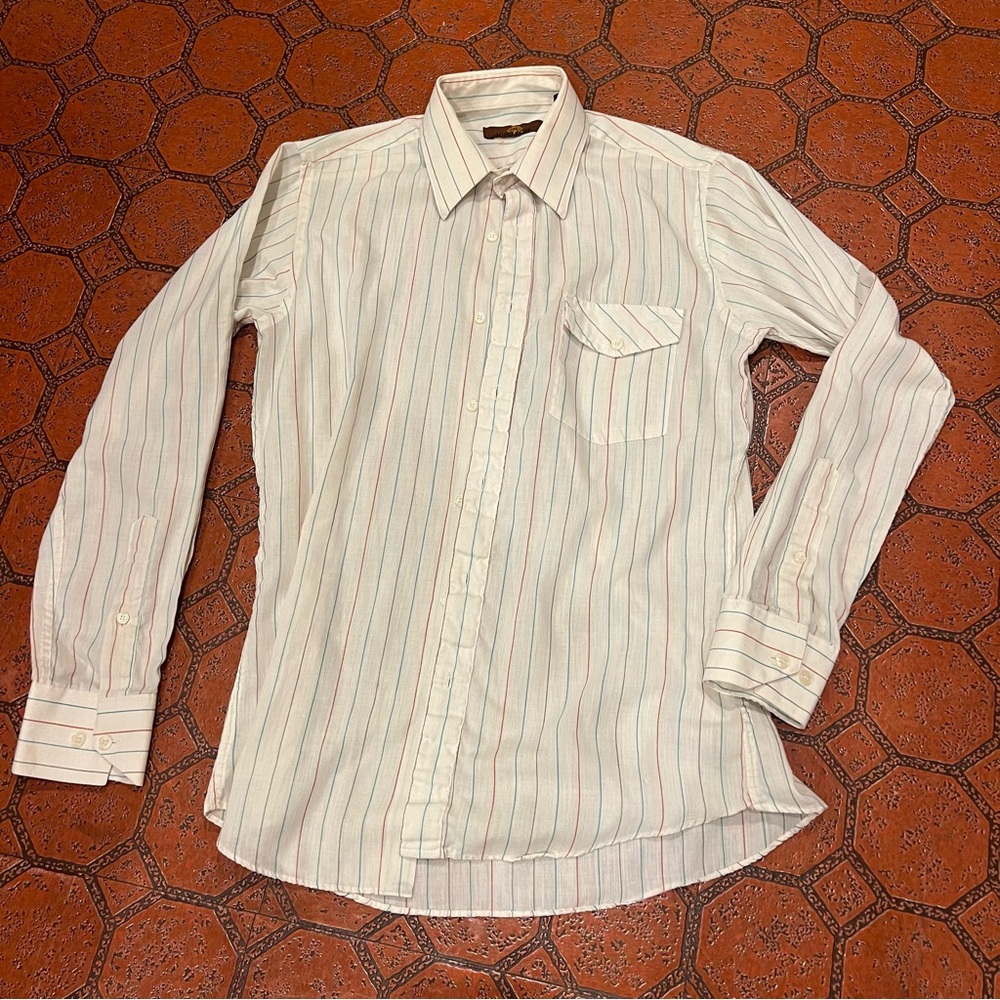 Vintage colorful Striped White Men's Shirt Jordache small collar long sleeve top